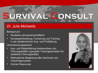 Dr. Julia Michaelis
Background
• Studierte Lehrwissenschaftlerin
• Konzeptentwicklung, Forschung und Training
in der akademischen Aus- und Fortbildung
Verantwortungsbereich
• Aus- und Weiterbildung insbesondere von
Führungskräften (spezielle Trainingseinheiten für
weibliche Führungskräfte)
• Methodische Begleitung aller Seminare und
Coachingprozesse
• Human Resources

 