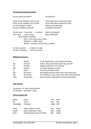 Introductions (presentacions) 
Do you know each other? Us coneixeu? 
Carol, let me introduce John to you: Carol, deixa que et presenti el John 
Carol, let me introduce you to John: Carol, deixa que et presenti al John 
Let me introduce myself: Deixa que em presenti 
Can you introduce yourself? Et podries presentar? 
Family name = last name = surname (Bosch, Calatayud) 
First name = given name (Rosa, Meritxell) 
Peter Sebastian Walker 
Peter = first name, given name 
Sebastian = middle name 
Walker = surname, family name, surname 
To meet a person = trobar-se a algú 
To have a meeting = tenir una reunió 
Reflexive pronouns 
I Myself I hurt myself when I was cutting the bread 
You Yourself Emma, did you take the picture by yourself? 
He Himself Robert made this T-shirt himself 
She Herself Lisa often speaks to herself 
It Itself The lion can defend itself 
We Ourselves We helped ourselves with some cola at the party 
You Yourselves Tim and Gerry, if you want more milk, help yourselves 
They Themselves Alice and Doris collected the stickers themselves 
False friends 
To present = to make a presentation 
To introduce = presenter a algú 
Pronunciation tips 
Know /nou/ love /lov/ 
No /nou/ law /lo/ 
Knowledge /nouleig/ laugh /laf/ 
Dead /ded/ (adjectiu: mort) kite /kait/ 
Death /dez/ (substantiu: mort) bike /baik/ 
Died /daed/ (participi passat: mort) bite /bait/ 
Survival English, course 2014-2015 Grammar and vocabulary, page 13 
 