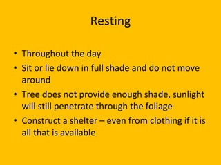 Resting Throughout the day Sit or lie down in full shade and do not move around Tree does not provide enough shade, sunlight will still penetrate through the foliage Construct a shelter – even from clothing if it is all that is available 