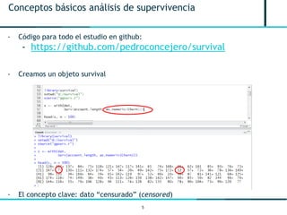 5
Conceptos básicos análisis de supervivencia
- Código para todo el estudio en github:
- https://github.com/pedroconcejero/survival
- Creamos un objeto survival
- El concepto clave: dato “censurado” (censored)
 