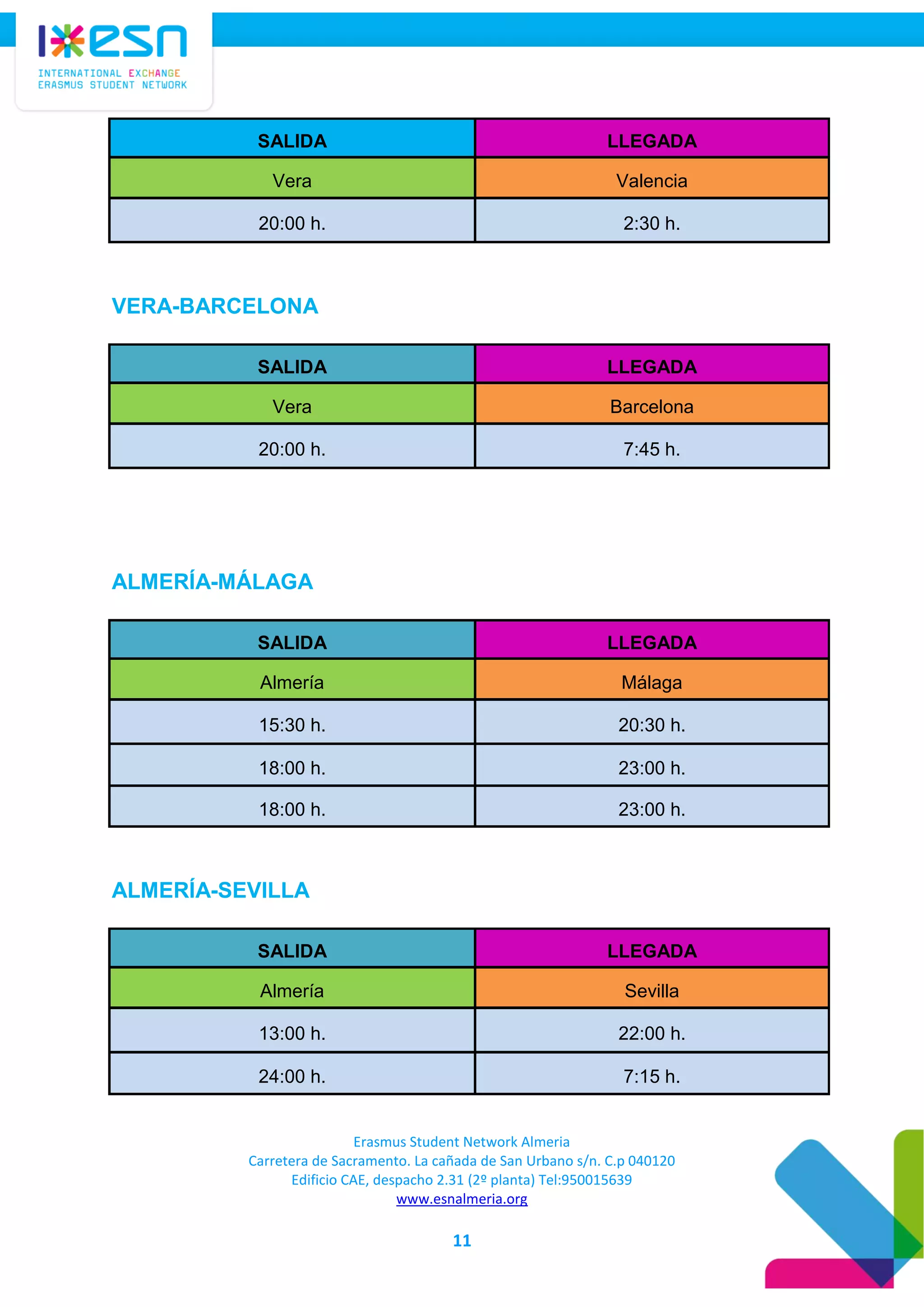 Erasmus Student Network Almeria
Carretera de Sacramento. La cañada de San Urbano s/n. C.p 040120
Edificio CAE, despacho 2.31 (2º planta) Tel:950015639
www.esnalmeria.org
11
SALIDA LLEGADA
Vera Valencia
20:00 h. 2:30 h.
VERA-BARCELONA
SALIDA LLEGADA
Vera Barcelona
20:00 h. 7:45 h.
ALMERÍA-MÁLAGA
SALIDA LLEGADA
Almería Málaga
15:30 h. 20:30 h.
18:00 h. 23:00 h.
18:00 h. 23:00 h.
ALMERÍA-SEVILLA
SALIDA LLEGADA
Almería Sevilla
13:00 h. 22:00 h.
24:00 h. 7:15 h.
 