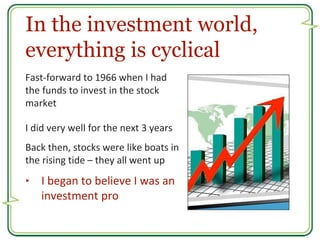 In the investment world, 
everything is cyclical 
Fast-forward to 1966 when I had 
the funds to invest in the stock 
marke...
