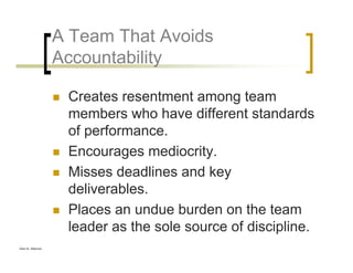 Glen B. Alleman
A Team That Avoids
Accountability
Creates resentment among team
members who have different standards
of performance.
Encourages mediocrity.
Misses deadlines and key
deliverables.
Places an undue burden on the team
leader as the sole source of discipline.
 