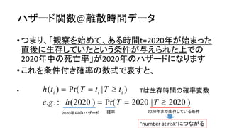 関数@離散時間
)2020|2020Pr()2020(:..
)|Pr()(


TThge
tTtTth iii
• 観察 始 時間t=2020年 始
直後 生存 条件 与 上
2020年中 死亡率 2020年
• 条件付 確率 数式 表
• T 生存時間 確率変数
2020年中 確率 2020年 生存 条件
"number at risk"
 