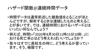 関数@連続時間
•時間 通常前述 離散値
解析 連続 考
多 連続時間
何
•例 時間t= 2020年8月30日11時15分10秒..
死亡率 考
•我 高校生 時 考 習
極限
 