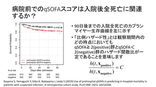 病院前 qSOFA 入院後全死亡 関連
• 90日後 入院全死亡
生存曲線 左 示
• 比例 性 観察期間内
時点
qSOFA≧ 2(positive)群 qSOFA
2(negative)群 関数比 一
定 意味
C
th
th

),(
),(
negative
positive
x
x
Koyama S, Yamaguchi Y, Gibo K, Nakayama I, Ueda S (2019) Use of prehospital qSOFA in predicting in-hospital mortality in
patients with suspected infection: A retrospective cohort study. PLoS ONE 14(5): e0216560.
 