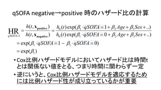 qSOFA negative positive 時 比 計算
)exp(
)01exp(
..)0exp()(
..)1exp()(
),(
),(
1
11
3210
3210
1
HR










qSOFAqSOFA
SexAgeqSOFAth
SexAgeqSOFAth
th
th
qSOFA negative
positive
x
x
•Cox比例 比 時間t
関係 値 時間 関 一定
•逆 Cox比例 適応
比例 性 成 立 重要
 