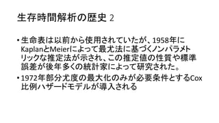 生存時間解析 歴史 2
•生命表 以前 使用 1958年
Kaplan Meier 最尤法 基
推定法 示 推定値 性質 標準
誤差 後年多 統計家 研究
•1972年部分尤度 最大化 必要条件 Cox
比例 導入
 