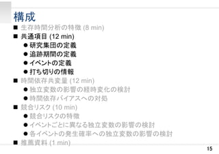 構成
 生存時間分析の特徴 (8 min)
 共通項目 (12 min)
 研究集団の定義
 追跡期間の定義
 イベントの定義
 打ち切りの情報
 時間依存共変量 (12 min)
 独立変数の影響の経時変化の検討
 時間依存バイアスへの対処
 競合リスク (10 min)
 競合リスクの特徴
 イベントごとに異なる独立変数の影響の検討
 各イベントの発生確率への独立変数の影響の検討
 推薦資料 (1 min)

15

 