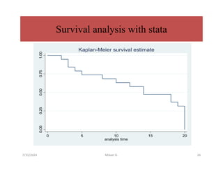 7/31/2024 Mikael G. 26
0.00
0.25
0.50
0.75
1.00
0 5 10 15 20
analysis time
Kaplan-Meier survival estimate
Survival analysis with stata
 