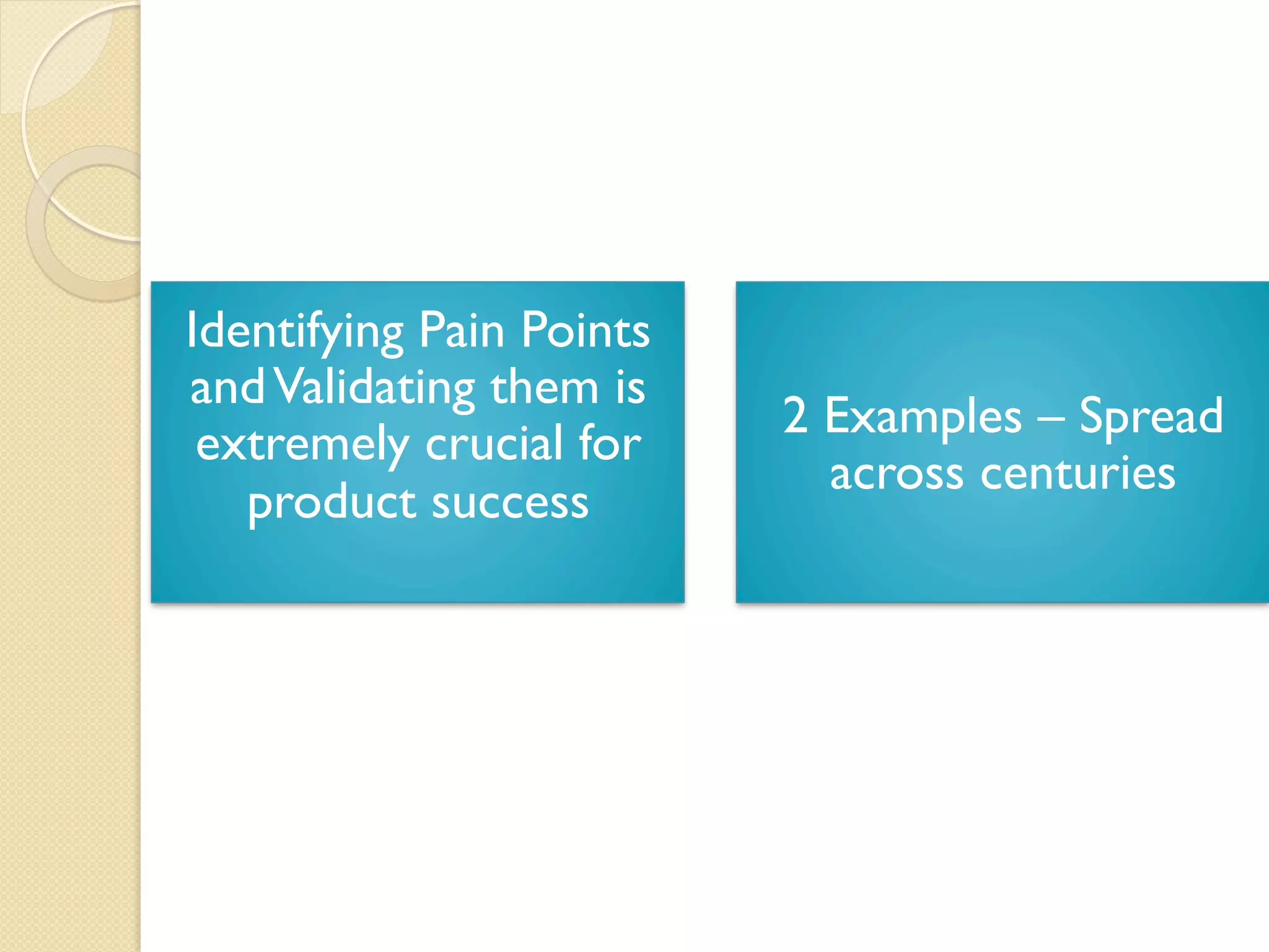 Identifying Pain Points
andValidating them is
extremely crucial for
product success
2 Examples – Spread
across centuries
 