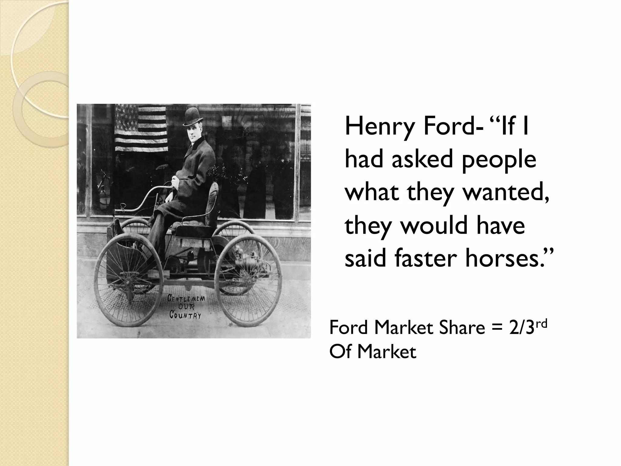 Henry Ford- “If I
had asked people
what they wanted,
they would have
said faster horses.”
Ford Market Share = 2/3rd
Of Market
 