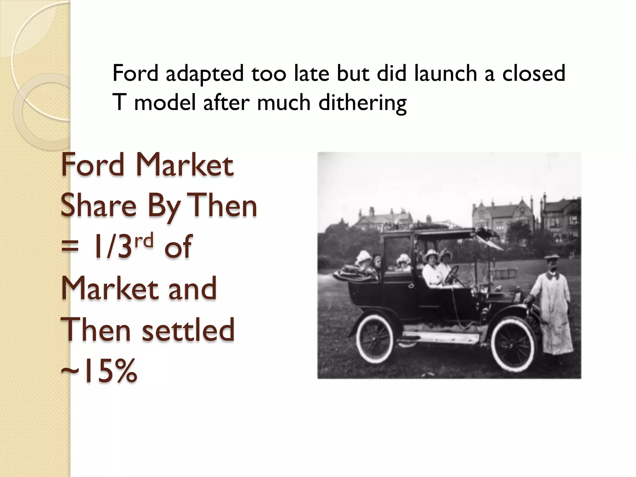 Ford Market
Share By Then
= 1/3rd of
Market and
Then settled
~15%
Ford adapted too late but did launch a closed
T model after much dithering
 