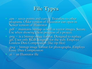 File Types .eps ~ saves points and curves. Transfers to other programs. Older version of Illustrator can open in Newer version of Illustrator. .pdf ~ maintains bitmap as well as vector images. Secure. Use when showing client progress of a project. .png ~ is a bitmap image format. Designed to replace .gif. Uses only RGB designed for the web. Employs Lossless Data Compression (like zip files) .jpeg ~ bitmap image format for photographs. Employs Lossy Data Compression .ai ~ an Illustrator file 