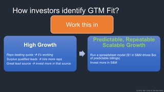 © 2018, Bob Tinker & Tae Hea Nahm
How investors identify GTM Fit?
High Growth
Reps beating quota → it’s working
Surplus qualified leads → hire more reps
Great lead source → invest more in that source
Predictable, Repeatable
Scalable Growth
Run a spreadsheet model ($1 in S&M drives $xx
of predictable billings)
Invest more in S&M
Work this in
 