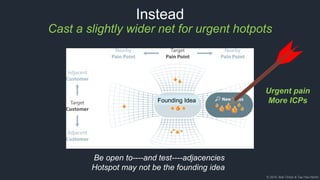 © 2018, Bob Tinker & Tae Hea Nahm
Instead
Cast a slightly wider net for urgent hotpots
Be open to----and test----adjacencies
Hotspot may not be the founding idea
Founding Idea
Urgent pain
More ICPs
 