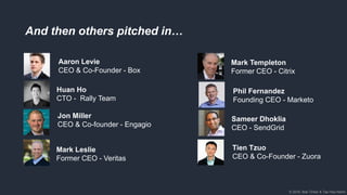 © 2018, Bob Tinker & Tae Hea Nahm© 2018, Bob Tinker & Tae Hea Nahm
And then others pitched in…
Aaron Levie
CEO & Co-Founder - Box
Tien Tzuo
CEO & Co-Founder - Zuora
Phil Fernandez
Founding CEO - Marketo
Jon Miller
CEO & Co-founder - Engagio
Mark Leslie
Former CEO - Veritas
Mark Templeton
Former CEO - Citrix
Sameer Dhoklia
CEO - SendGrid
Huan Ho
CTO - Rally Team
 