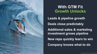 © 2018, Bob Tinker & Tae Hea Nahm© 2018, Bob Tinker & Tae Hea Nahm
Leads & pipeline growth
Deals close predictably
Additional sales & marketing
investment grows pipeline
New reps quickly learn to win
Company knows what to do
With GTM Fit
Growth Unlocks
 