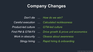 © 2018, Bob Tinker & Tae Hea Nahm
Company Changes
Don’t die … How do we win?
Careful execution … Calculated recklessness
Product-led culture … GTM-led culture
Find PM & GTM-Fit … Drive growth & prove unit economics
Work in obscurity … Obsess about awareness
Stingy hiring … Rapid hiring & onboarding
 