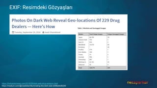 EXIF: Resimdeki Gözyaşları
https://thehackernews.com/2016/09/dark-web-drug-weapon.html
https://medium.com/@roselisker/illuminating-the-dark-web-d088a9c80240
 
