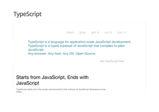 TypeScript
Get TypeScript Now
TypeScript is a language for application-scale JavaScript development.
TypeScript is a typed superset of JavaScript that compiles to plain
JavaScript.
Any browser. Any host. Any OS. Open Source.
Starts from JavaScript, Ends with
JavaScript
TypeScript starts from the syntax and semantics that millions of JavaScript developers know
today.
learn play get it run it join in
 