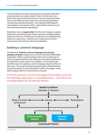 22 
Section 2 Leaving hospital is when problems begin... 
much orientated to the acute hospital sector and arguably subscribing 
predominantly to the medical model of health. For those with more 
severe brain injury, the disjointed nature of services encountered within 
their journey following injury is likely to be compounded by pathways 
crossing commissioning boundaries – from specialist (NHS England’s 
responsibility) to non-specialist (CCGs’ responsibility) settings to social 
care needs (local authority responsibility). 
Nonetheless, there are opportunities from the recent changes in a greater 
emphasis on partnership working. Closer cooperation envisaged between 
health and social care, including new arrangements for integrated funds, 
might be an opportunity – voluntary sector organisations and local 
commissioners will need to be alert to the possibilities. 
Seeking a common language 
The framework, Towards a common language for functioning, 
disability and health, usually known as the ICF Framework (World Health 
Organisation, 2002) is useful for both providers and commissioners of 
services for people affected by TBI. Offering an international classification, 
this framework is widely used across disciplines in continental Europe, 
and offers a basis for speaking a common language about the effects of 
brain injury. The concepts prioritised are patient goals, self-determination, 
framing own identity. A resource/facilitation model is encouraged – where 
experts support patients in achieving their own goals. 
In the UK at present, a common language across health, social care 
and voluntary organisations is noticeably lacking – to the detriment 
of people affected by TBI and their families. 
Source: WHO 2002, p9 
Health Condition 
(disorder or disease) 
Environmental 
Factors 
Personal 
Factors 
Contextual Factors 
Body Functions 
 Structure 
Activity Participation 
 