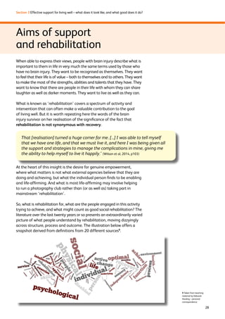 28 
Section 3 Effective support for living well – what does it look like, and what good does it do? 
Aims of support 
and rehabilitation 
When able to express their views, people with brain injury describe what is 
important to them in life in very much the same terms used by those who 
have no brain injury. They want to be recognised as themselves. They want 
to feel that their life is of value – both to themselves and to others. They want 
to make the most of the strengths, abilities and talents that they have. They 
want to know that there are people in their life with whom they can share 
laughter as well as darker moments. They want to live as well as they can. 
What is known as ‘rehabilitation’ covers a spectrum of activity and 
intervention that can often make a valuable contribution to the goal 
of living well. But it is worth repeating here the words of the brain 
injury survivor on her realisation of the significance of the fact that 
rehabilitation is not synonymous with recovery. 
That [realisation] turned a huge corner for me. [...] I was able to tell myself 
that we have one life, and that we must live it, and here I was being given all 
the support and strategies to manage the complications in mine, giving me 
the ability to help myself to live it happily.’ (Wilson et al, 2014, p103) 
At the heart of this insight is the desire for genuine empowerment, 
where what matters is not what external agencies believe that they are 
doing and achieving, but what the individual person finds to be enabling 
and life-affirming. And what is most life-affirming may involve helping 
to run a photography club rather than (or as well as) taking part in 
mainstream ‘rehabilitation’. 
So, what is rehabilitation for, what are the people engaged in this activity 
trying to achieve, and what might count as good social rehabilitation? The 
literature over the last twenty years or so presents an extraordinarily varied 
picture of what people understand by rehabilitation, moving dizzyingly 
across structure, process and outcome. The illustration below offers a 
snapshot derived from definitions from 20 different sources9. 
9 Taken from teaching 
material by Deborah 
Harding – personal 
correspondence 
 