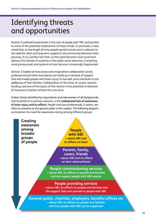 40 
Section 4 Securing widespread access to effective social support and rehabilitation 
Identifying threats 
and opportunities 
Section 2 outlined broad trends in the care of people with TBI, and pointed 
to some of the potential implications of these trends. In particular, it was 
noted that, as the length of time people spend in acute care is reduced, so 
the need for short and long-term support in the community becomes more 
pressing. It is a sombre fact that, as this need becomes more and more 
obvious, the climate of austerity in the public sector becomes, if anything, 
more pronounced; and systems of care become increasingly fragmented. 
Section 3 looked at how active and imaginative collaboration across 
professional and other boundaries can build up a network of support 
that will enable people with brain injury to live well, and contribute to the 
wellbeing of their families. Collaboration of this kind, of course, requires 
funding, and one of the topics of this section is the potential re-direction 
of resources to better achieve the core aims. 
A basic threat identified by respondents and interviewees of all backgrounds, 
and touched on in previous sections, is the widespread lack of awareness 
of brain injury and its effects. Health and care professionals, it seems, are 
often as unaware as the general public in this respect. The following diagram 
summarises the need for awareness raising among different groups. 
People 
with ABI 
– about ABI and 
its effects on them 
Parents, family, 
carers, friends 
– about ABI and its effects 
on their relative/friend 
People commissioning services 
– about ABI, its effects on people and families 
and the support people with ABI require 
People providing services 
– about ABI, its effects on people and families and 
the support they can provide to people with ABI 
General public, charities, employers, benefits offices etc 
– about ABI, its effects on people and families 
and how people with ABI can be supported 
Creating 
awareness 
among 
broader 
groups 
of people 
 