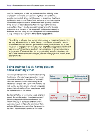 43 
Section 4 Securing widespread access to effective social support and rehabilitation 
From the client’s point of view, the priorities are often: memory; other 
people don’t understand; can’t organise my life or solve problems. A 
specialist commented, ‘When individuals start to accept that they have a 
problem and want to move forward, that is the time to start encouraging 
them more but I personally start when I meet them by telling them that 
things change on a daily basis and that, with support, they can take 
control of their future’. Another stressed the importance of systematic 
assessment of all elements of the person’s life and situation by working 
with them and their family. But the same person also stressed the need 
to keep connected to people even if they don’t engage at first: 
‘If we know in advance that someone is reluctant to engage with our service, 
we may telephone them or invite them for an informal visit or visit them at 
home to explain our services. If someone attends for assessment but is then 
reluctant to engage we are likely to adopt a light touch approach with limited 
assessments/interventions, gradually increasing input in line with increasing 
engagement. If someone does not engage initially we will maintain contact 
with them and/or leave the door open for them to engage later, as and when 
they are ready.’ 
Being business-like vs. having passion 
and a voluntary ethos 
Being 
business-like 
Having passion  
voluntary ethos 
The changes in the external environment are driving 
charities and other voluntary organisations into an 
ever more business-like or ‘professional’ approach, 
compared with the passion and voluntary sector 
ethos many start(ed) with. Again, both elements are 
vital, and the question remains what will help people 
stay on the top line of the figure opposite and avoid 
the negative forms of the tension. 
Developing the kind of community-based, long-term 
support discussed in section 3 requires community 
and voluntary groups/organisations to take this 
tension seriously: to appreciate and work to the 
business demands of those who commission them 
and take deliberate steps not to lose the passion for 
the clients that motivates them in the first place. 
‘Bean 
counting’ 
Amateur, 
‘pink  fluffy’ 
 