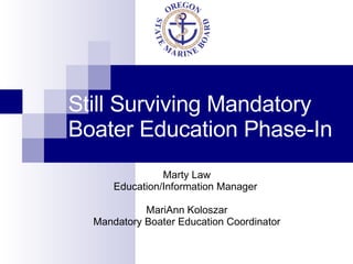 Still Surviving Mandatory Boater Education Phase-In Marty Law Education/Information Manager  MariAnn Koloszar Mandatory Boater Education Coordinator 
