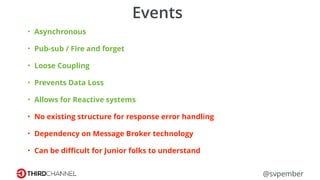 @svpember
Events
• Asynchronous
• Pub-sub / Fire and forget
• Loose Coupling
• Prevents Data Loss
• Allows for Reactive systems
• No existing structure for response error handling
• Dependency on Message Broker technology
• Can be diﬃcult for Junior folks to understand
 