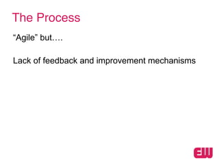 The Process
“Agile” but….
!
Lack of feedback and improvement mechanisms
 