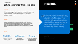“
Challenge
Solution
Results
Camunda worked immediately,
straight out of the box. This
solution allows us to show our
stakeholders where problems
are arising -- adding value
without any added coding.
 