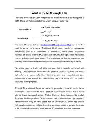 What is the MLM Jungle Like
There are thousands of MLM companies out there! Here are a few categories of
MLM. These will help you determine which company suits you.


                                     Product/Servicing
   Traditional MLM
                                    Concept

                                     Physical product
   Internet MLM
                                     Digital Product

The main difference between traditional MLM and Internet MLM is the method
used to recruit or sponsor. Traditional MLM relies mostly on one-on-one
prospecting (like at a McDonalds or Starbucks), home party, opportunity
meetings or rallies. Internet MLM does the recruiting through e-mail, newsletter,
forums, websites and sales letters. This minimizes the human interaction part
and may be more suitable for those who are not very good at talking to others.


Two main types of traditional MLM are one that is heavily concerned with
retailing, consumption or distribution of a physical product. Typically one with a
high volume of repeat sale (like vitamins or skin care products) and good
testimonials of the product with high visibility (e.g. look at my skin, the product
has cured all my pimples!).


Concept MLM doesn’t focus as much on products compared to its former
counterpart. They usually do have a product, but it doesn‟t have as high a repeat
sale as those mentioned above. Most of them run their business like a club.
Some are like lifestyle clubs. Others conduct their business with a high degree of
professionalism (they all dress better than an office worker). Often they will sell
their people a dream or molding them to a particular image to convey the image
of the company for attracting more recruits. It’s the sizzle that sells the steak.




                                       - 12 -
 