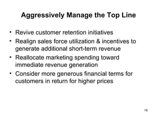 Aggressively Manage the Top Line Revive customer retention initiatives Realign sales force utilization & incentives to generate additional short-term revenue Reallocate marketing spending toward immediate revenue generation Consider more generous financial terms for customers in return for higher prices 