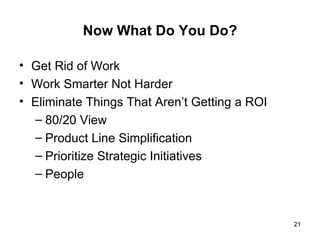 Now What Do You Do? Get Rid of Work Work Smarter Not Harder Eliminate Things That Aren’t Getting a ROI 80/20 View Product Line Simplification Prioritize Strategic Initiatives People 