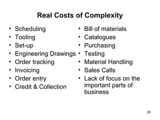 Real Costs of Complexity Scheduling Tooling Set-up Engineering Drawings Order tracking Invoicing Order entry Credit & Collection Bill of materials Catalogues Purchasing Testing Material Handling Sales Calls Lack of focus on the important parts of business 