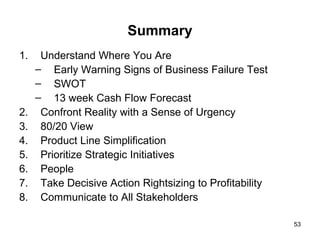 Summary Understand Where You Are Early Warning Signs of Business Failure Test SWOT 13 week Cash Flow Forecast Confront Reality with a Sense of Urgency 80/20 View Product Line Simplification Prioritize Strategic Initiatives People Take Decisive Action Rightsizing to Profitability Communicate to All Stakeholders 