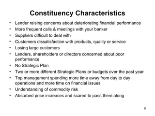 Constituency Characteristics Lender raising concerns about deteriorating financial performance More frequent calls & meetings with your banker Suppliers difficult to deal with  Customers dissatisfaction with products, quality or service Losing large customers Lenders, shareholders or directors concerned about poor performance No Strategic Plan Two or more different Strategic Plans or budgets over the past year  Top management spending more time away from day to day operations and more time on financial issues Understanding of commodity risk Absorbed price increases and scared to pass them along 