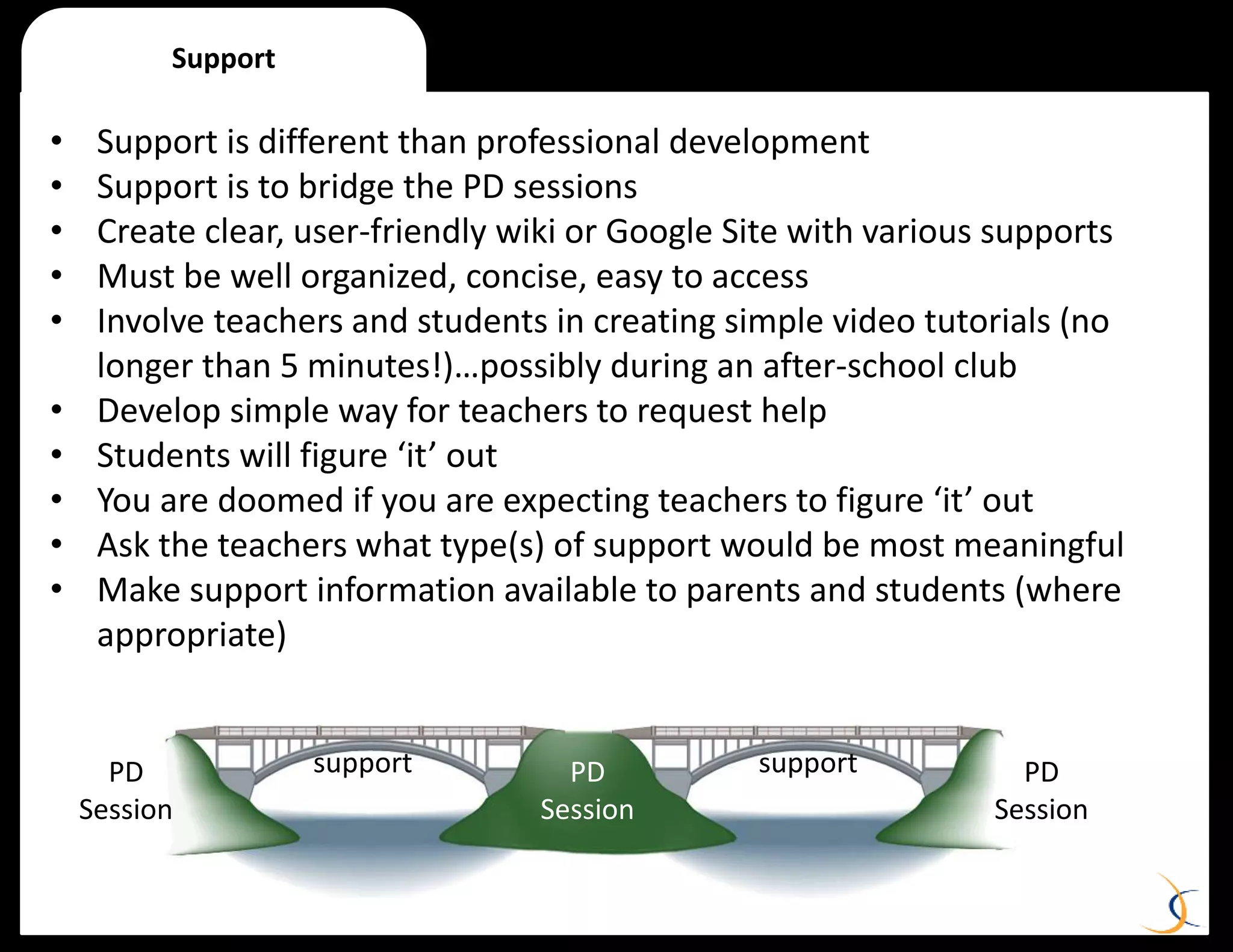 • Support is different than professional development
• Support is to bridge the PD sessions
• Create clear, user-friendly wiki or Google Site with various supports
• Must be well organized, concise, easy to access
• Involve teachers and students in creating simple video tutorials (no
longer than 5 minutes!)…possibly during an after-school club
• Develop simple way for teachers to request help
• Students will figure ‘it’ out
• You are doomed if you are expecting teachers to figure ‘it’ out
• Ask the teachers what type(s) of support would be most meaningful
• Make support information available to parents and students (where
appropriate)
Support
PD
Session
PD
Session
PD
Session
support support
 