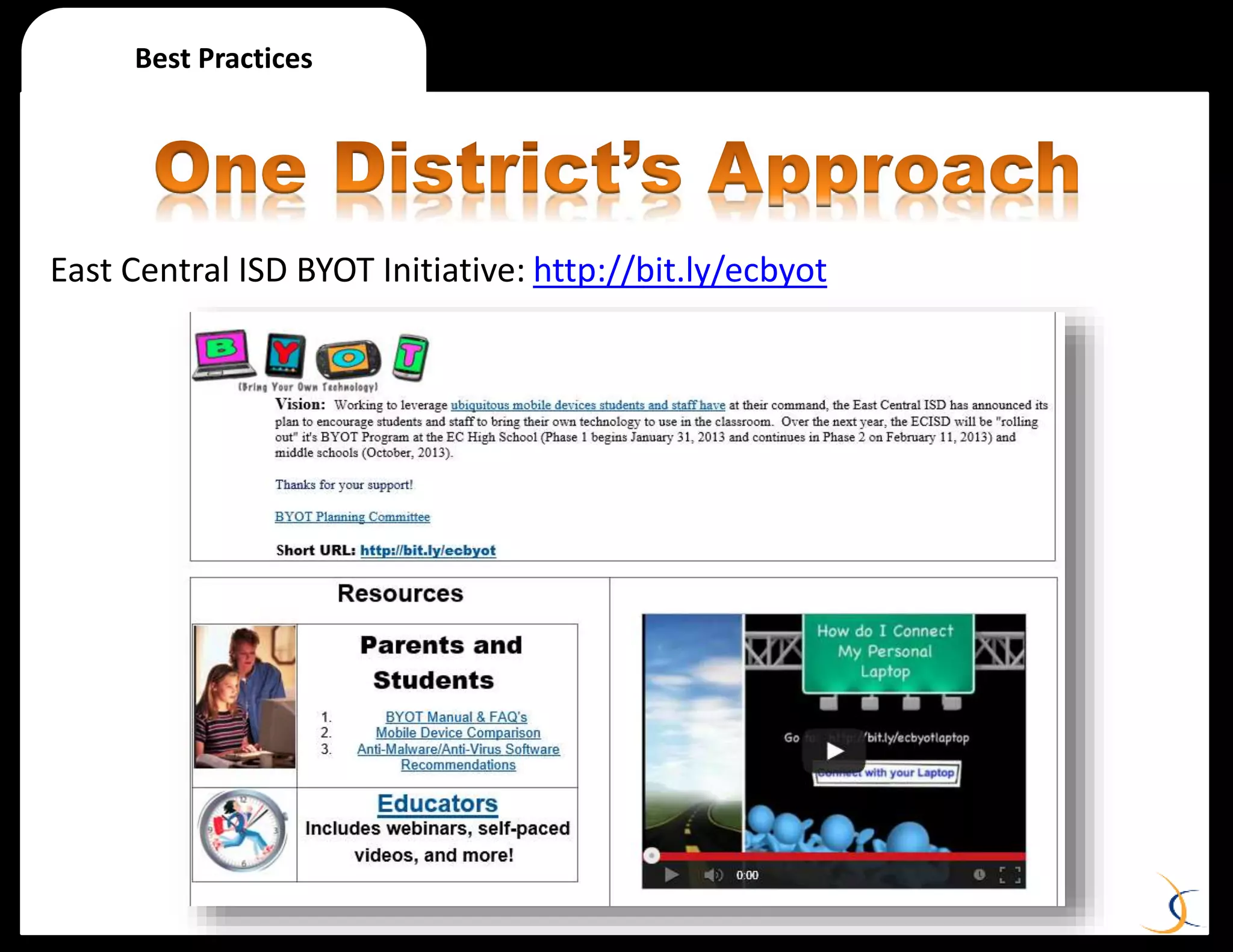 http://goo.gl/4j3By
Best Practices
East Central ISD BYOT Initiative: http://bit.ly/ecbyot
 