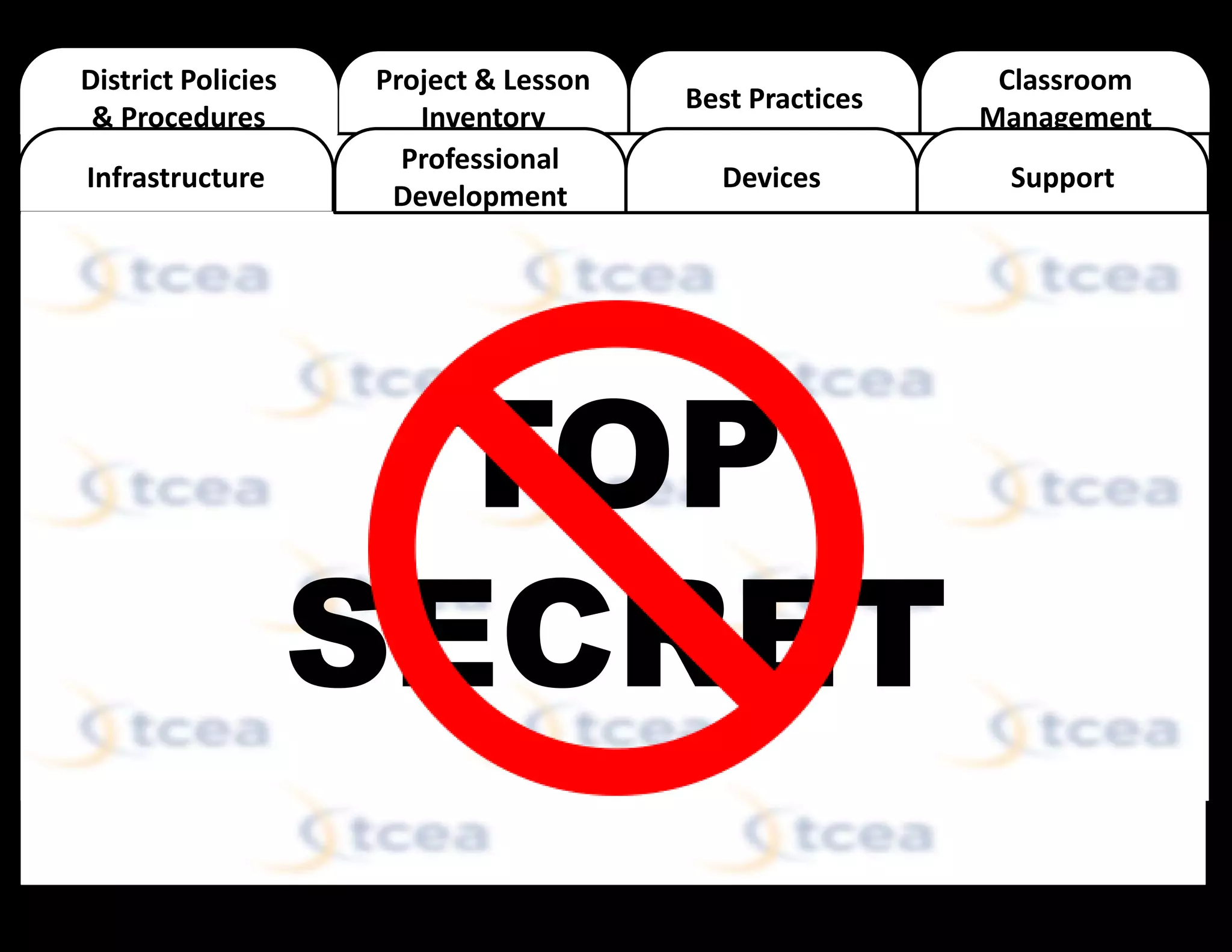 Project & Lesson
Inventory
Best Practices
Classroom
Management
District Policies
& Procedures
Infrastructure
Professional
Development
Devices Support
TOP
SECRET
 
