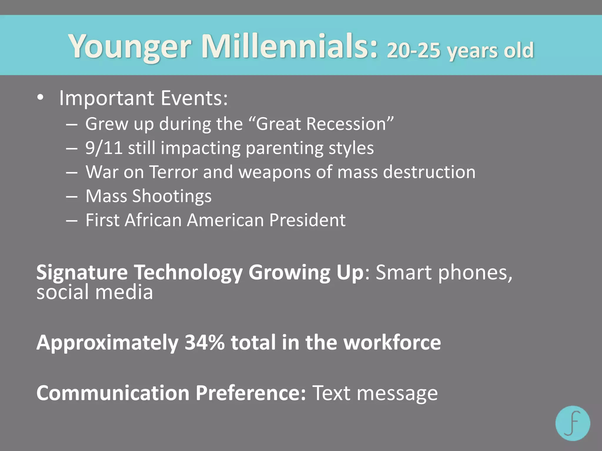 Younger Millennials: 20-25 years old
• Important Events:
– Grew up during the “Great Recession”
– 9/11 still impacting parenting styles
– War on Terror and weapons of mass destruction
– Mass Shootings
– First African American President
Signature Technology Growing Up: Smart phones,
social media
Approximately 34% total in the workforce
Communication Preference: Text message
 