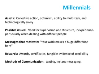 Millennials<br />Assets:  Collective action, optimism, ability to multi-task, and technologically savvy<br />Possible issu...
