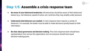 Step 1/5: Assemble a crisis response team
● Be aware of your behavioral tendencies: All executives should be aware of their behavioral
biases (e.g., risk tolerance, speed of action, etc.) and how they may amplify under pressure.
● Understand what behaviors are needed: A crisis response team requires a variety of
behaviors. For example, the leader must be able to make decisions quickly based on little
information.
● Be clear about governance and decision making: The crisis response team should have
representation from across the organization, but not everyone should have equal
decision-making power.
10
 
