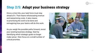 Step 2/5: Adapt your business strategy
Once a crisis hits, your task force must stay
ahead of it. That means reforecasting revenue
and reexamining costs. It also means
re-prioritizing the work to be done and
reimagining how your teams will do this work.
As you weigh the possible paths forward, revisit
your existing business strategy. Start by
identifying which strategic goals no longer
make sense—then focus on a small number of
critical priorities.
11
 