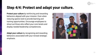 Step 4/4: Protect and adapt your culture.
Protect your culture by reinforcing and rewarding
behaviors aligned with your mission. Even when
reducing spend, look to provide learning and
training opportunities. Encourage employees to
shout out those who reﬂect your core tenets and
display needed leadership competencies.
Adapt your culture by recognizing and rewarding
behaviors associated with your revised strategic
emphasis.
19
 