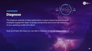 Diagnose
The Diagnose aptitude of talent optimization is about measuring and acting on
employee engagement data—to protect productivity and ensure the resilience
of your operating model and culture.
Next, you’ll learn the steps you can take to diagnose employee engagement.
20
 