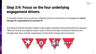 Step 2/4: Focus on the four underlying
engagement drivers.
To maintain morale, focus on the true underlying drivers of productivity and engagement: job ﬁt,
manager ﬁt, organizational ﬁt, and team ﬁt.
According to ADVISA President Heather Haas, leaders should be asking themselves this question:
“What do my best and brightest need in order to feel emotionally connected to their job, their
manager, their team, and this organization, amidst all the change and uncertainty?”
22
 