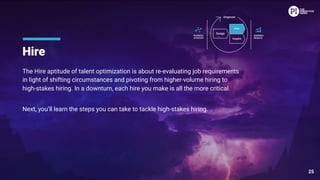 Hire
The Hire aptitude of talent optimization is about re-evaluating job requirements
in light of shifting circumstances and pivoting from higher-volume hiring to
high-stakes hiring. In a downturn, each hire you make is all the more critical.
Next, you’ll learn the steps you can take to tackle high-stakes hiring.
25
 